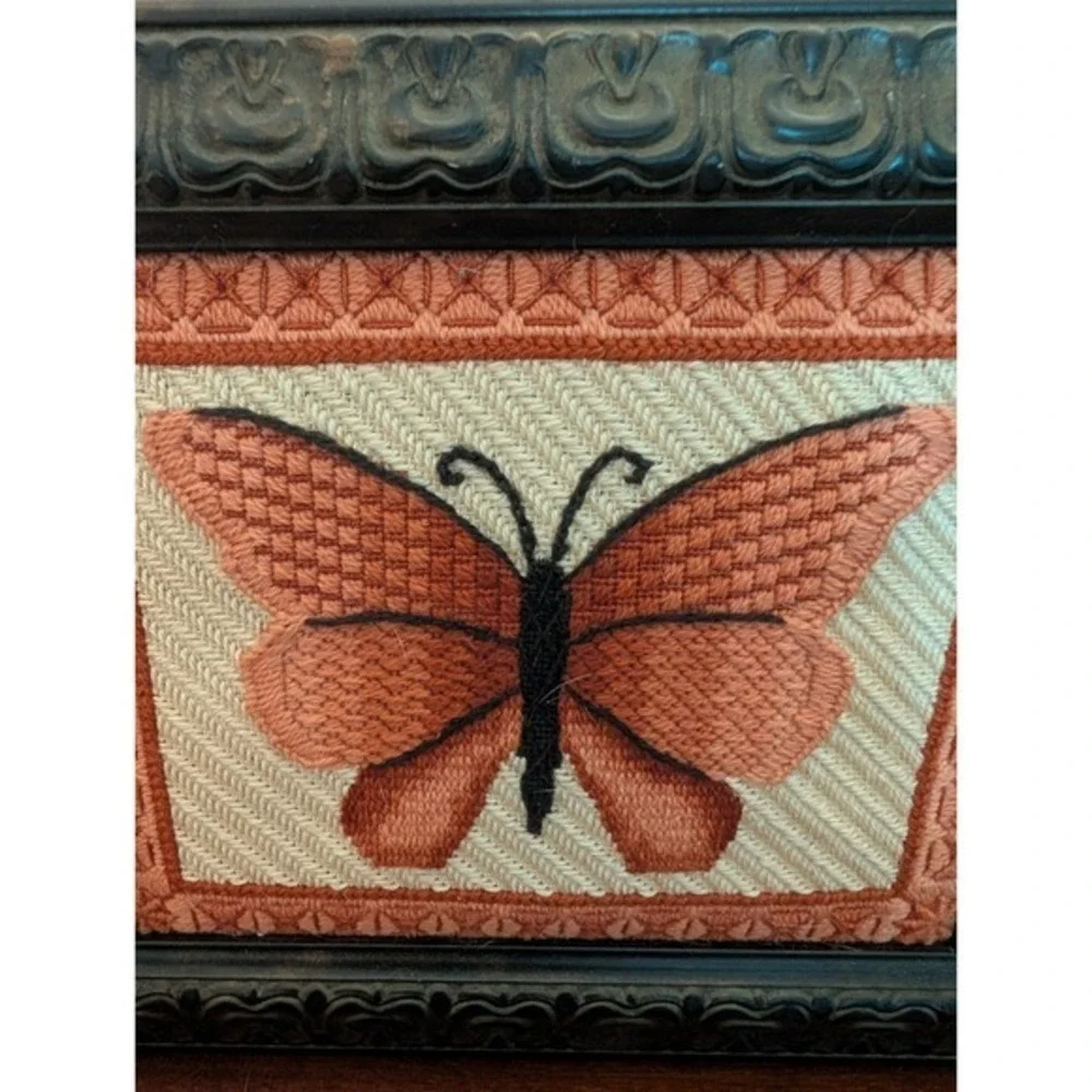 Vintage Handmade‎ Needlepoint Butterfly Framed Art Ornate Black Wood Frame Boho